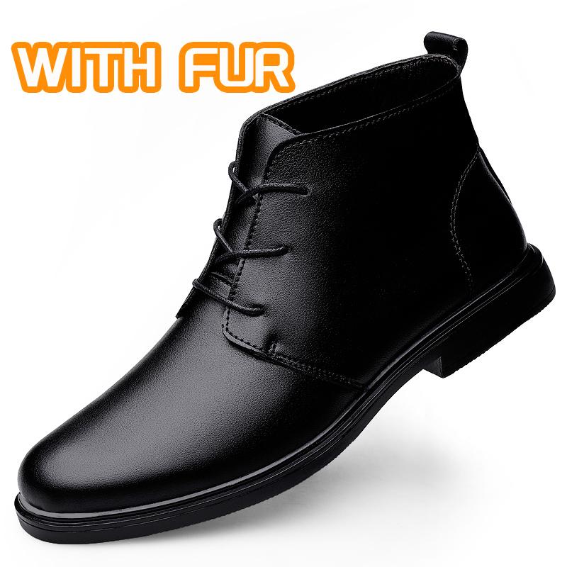 Genuine Leather Mens Motorcycle Boots New Brogue High Top Shoes Fashion Lace-up Warm Ankle Boots Winter Plush Snow Boots Botas