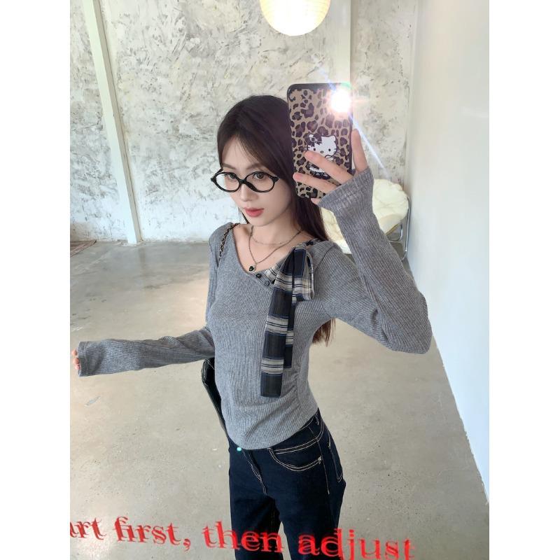 Chic Korean Grey One-Shoulder Bow T-shirt for Women - Sweet and Spicy Spring/Autumn Style