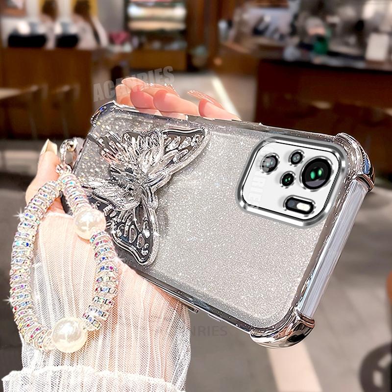 Note10s Lanyard Plating Butterfly Holder Silicone Case For Xiaomi Redmi Note 10 Pro 10s 10pro 4g Shockproof Stand Cover Note10