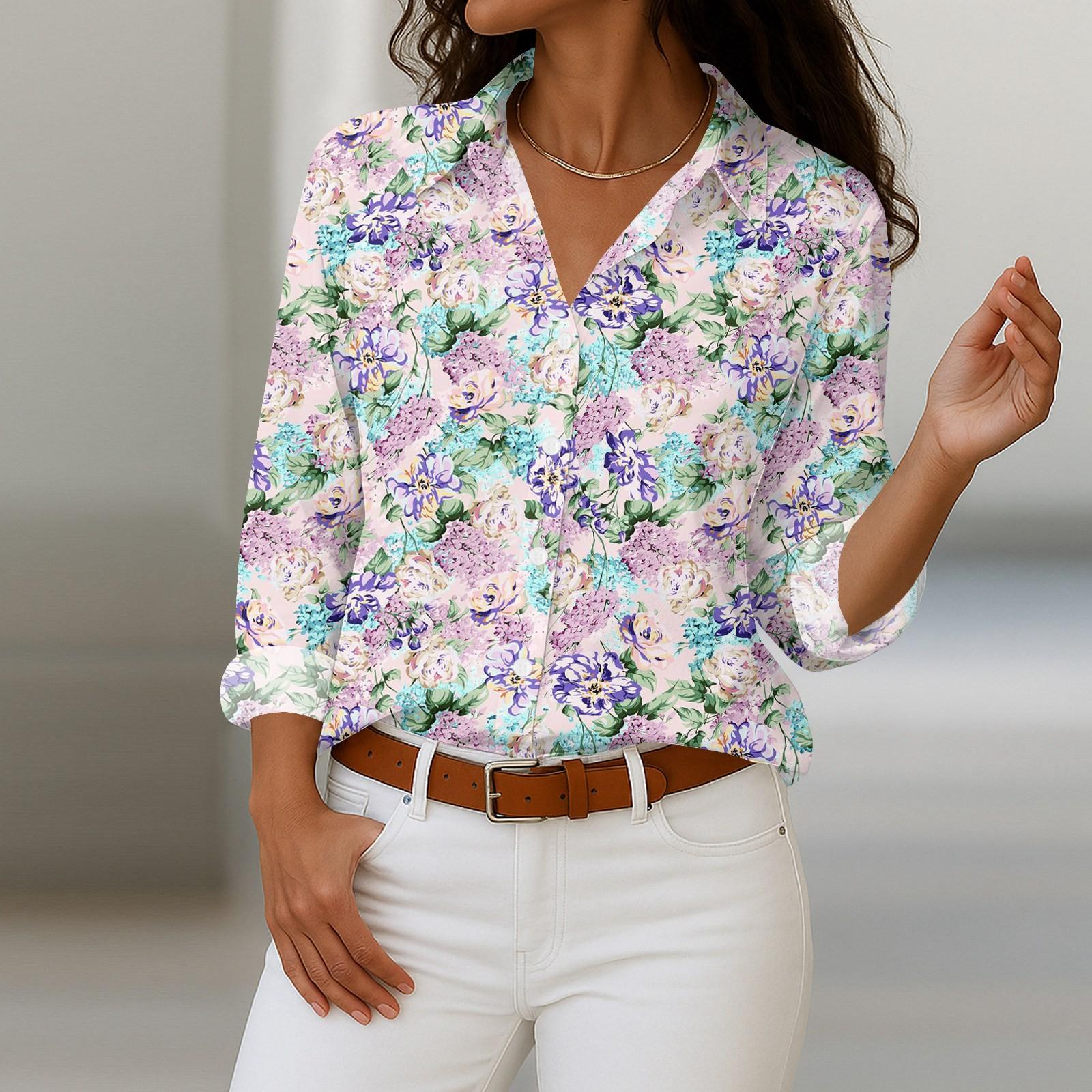 

Женская рубашка с пуговицами с цветочным принтом, повседневная рубашка с длинными рукавами, блузки, повседневные базовые топы больших размеров M фиолетовый