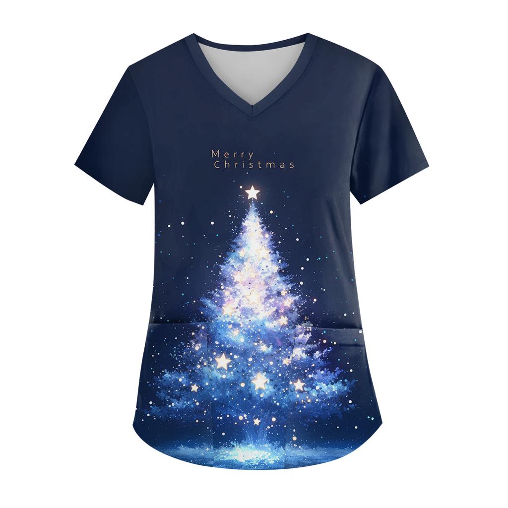 Women's V-neck Christmas Print Short-sleeved Pocket Side Slit Uniform Top