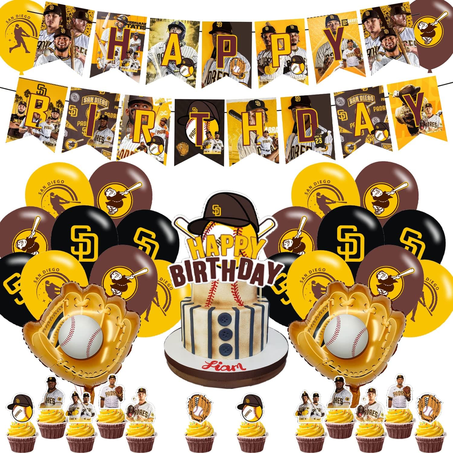 Baseball Team of San-Diego Party Decorations,Birthday Party Supplies For Baseball San-Diego Party Supplies Includes Banner - Cake Topper - 12 Cupcake