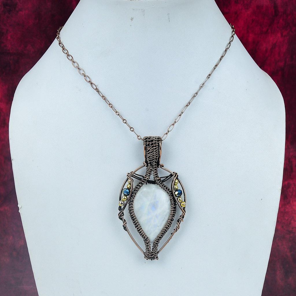 Rainbow Moonstone Gemstone Pendant Copper Wire Wrapped Jewelry Handmade Pendant