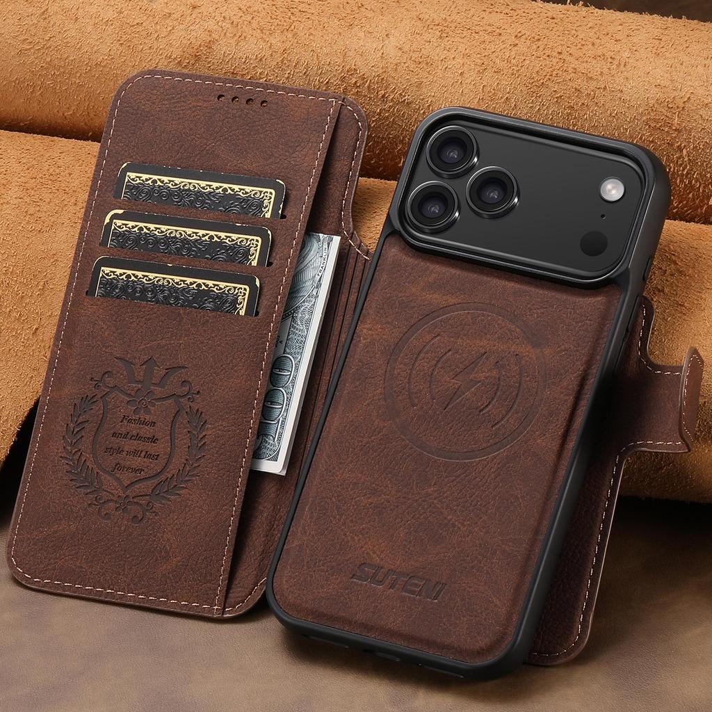 iPhone17ProMax Magnetic Leather Flip Case with Card Slot and Wireless Charging Stand