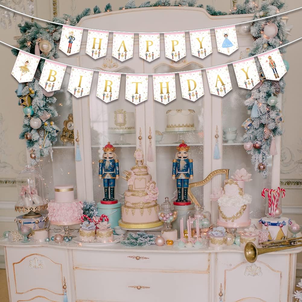 Nutcracker Birthday Banner for Kids and Adults, Party Supplies Decorations for Winter Birthday and Ballet, Mouse King and Ballerina Bunting Garland