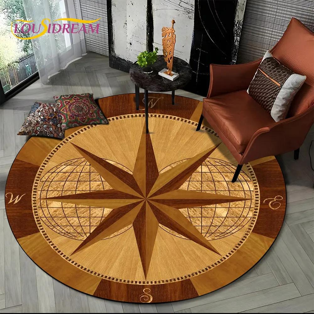 3D Retro Kompass Serie Kreis Teppich,Runder Teppich für Wohnzimmer Schlafzimmer Sofa Fußmatte Dekor Rutschfeste Bodenmatte Geschenk