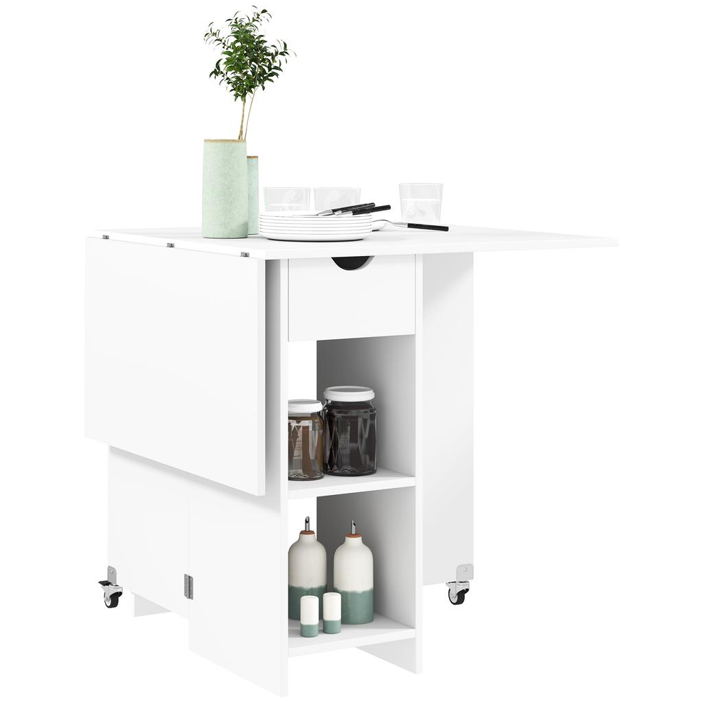 Foldable Dining Table for 2-4 People, Folding Kitchen Table with Storage, Extendable Table on Wheels, White