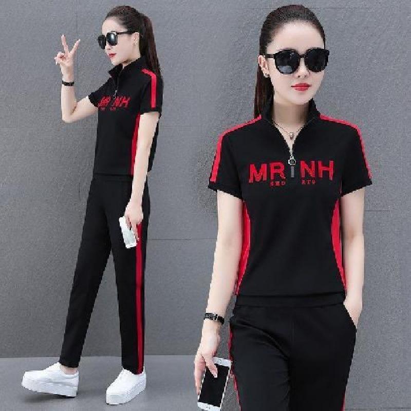 

Plus Size Suit Women s Summer Fashion Stand-up Collar Sweatshirt Running Short-sleeved Sportswear Casual Two-piece Set 4XL чорний