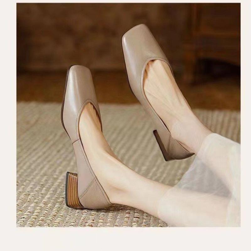 Fashion New Style Fashion Women's Genuine Leather Thick Square Toe Slip-on Pumps Style Daily Women's Luxury Heeled Shoes Zapatos Mujer