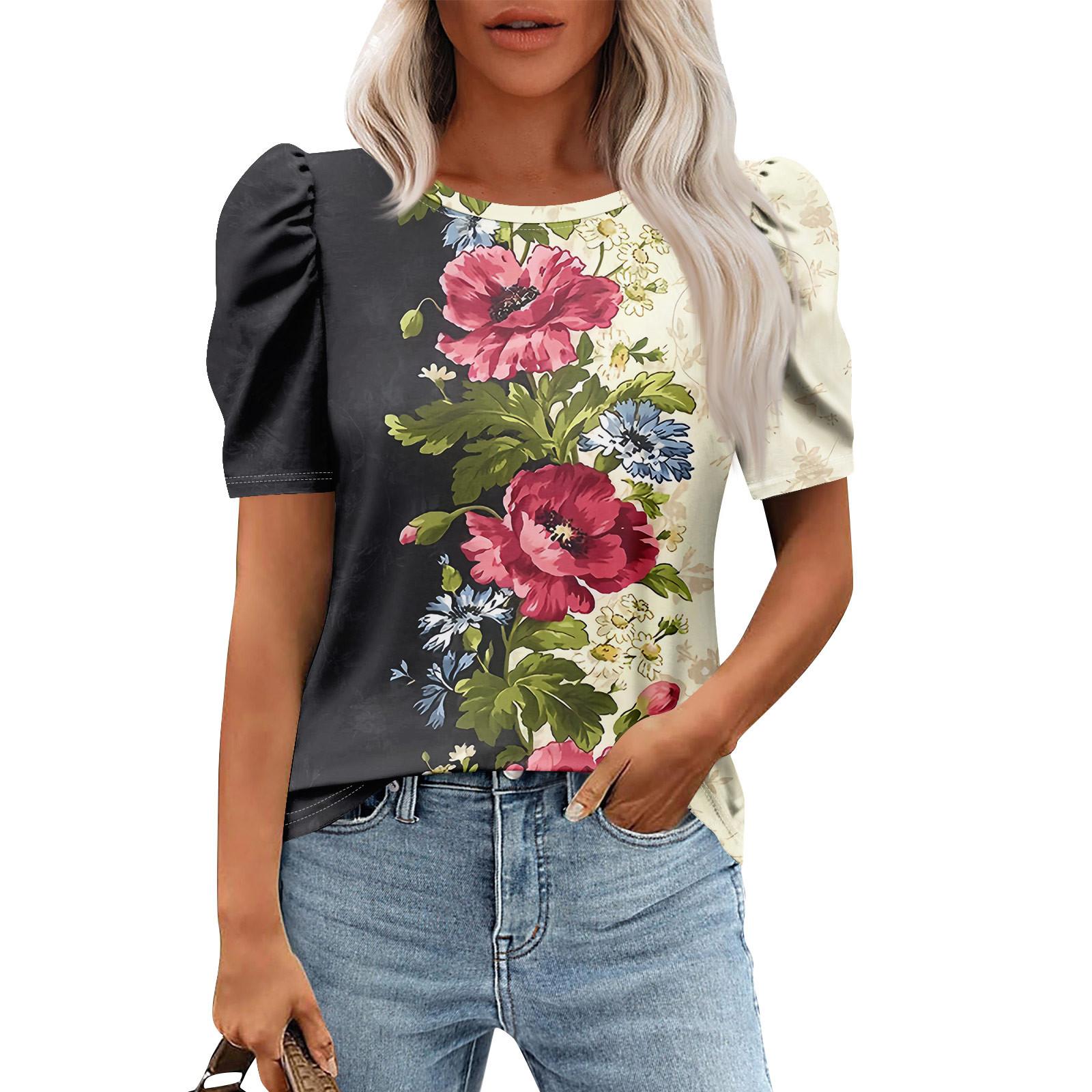 

Женские повседневные топы с коротким рукавом и круглым вырезом с принтом, туники, рубашки, летняя одежда L бежевый