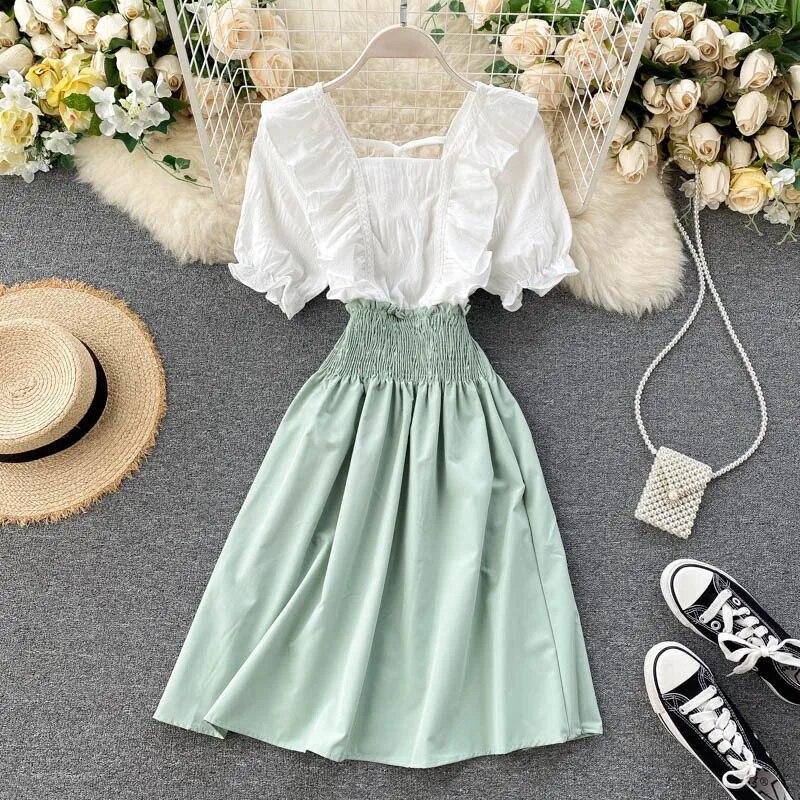 

Французское платье серии для первого свидания, Новое поступление, летняя одежда, облегающая юбка трапециевидной формы с милыми листьями лотоса и цветной строчкой One Size зелёный