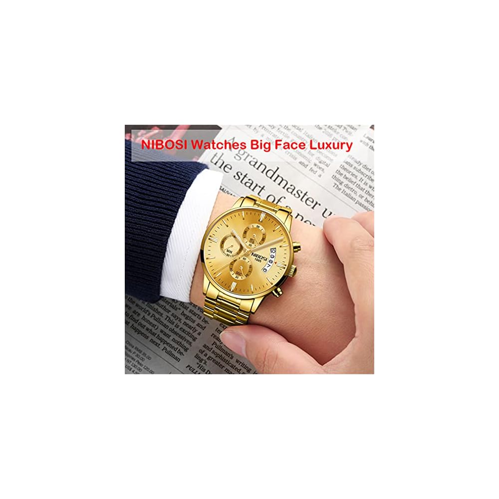 Men's Big Face Gold Chronograph Watch Analog Business Casual Stainless Steel Band