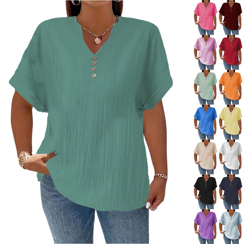 Women’s Short Sleeve V Neck Blouse with Button Loose Fit Tunic Top for Casual Daily Wear