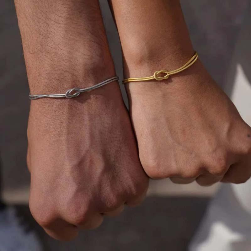 

2Pcs Snake Chain Handmade Knot Shaped Bracelet For Women Men Simple Silvery Golden Chain Couple Bracelet Jewelry
