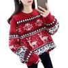 Red Autumn and Winter Knitted New Women's Clothing Deer Jacquard Knitted Sweater Crew Neck Pullover Color Matching Top