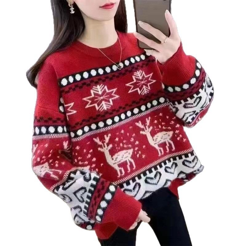 Red Autumn and Winter Knitted New Women's Clothing Deer Jacquard Knitted Sweater Crew Neck Pullover Color Matching Top