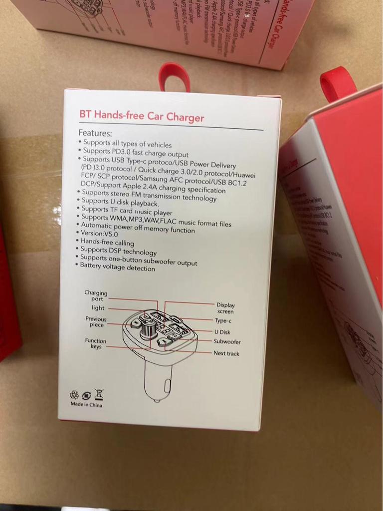 Car Bluetooth MP3 Player with Hands-Free Call, Voice Broadcast, PD Fast Charging, and USB Flash Drive.