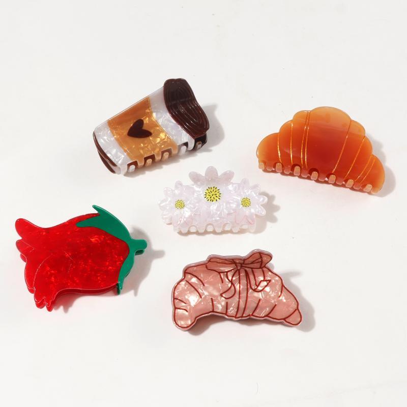 Retro Cartoon Coffee Croissant Rose Grab Clip Shark Clip At The Back Of The Head For Women Gift