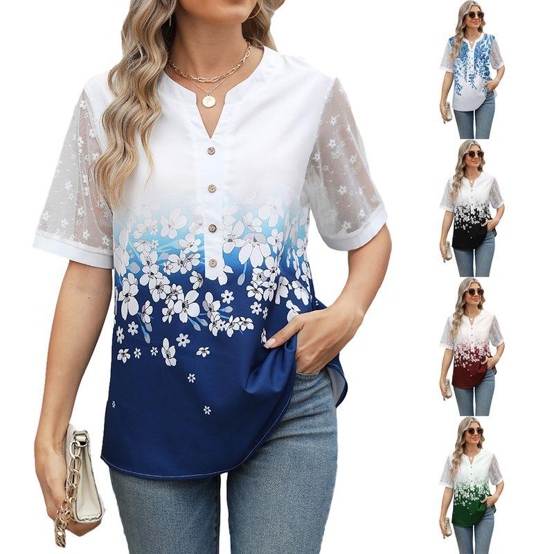 

2025 Printed Chiffon Shirt Patchwork Lace Sleeves Top Dark green XXL