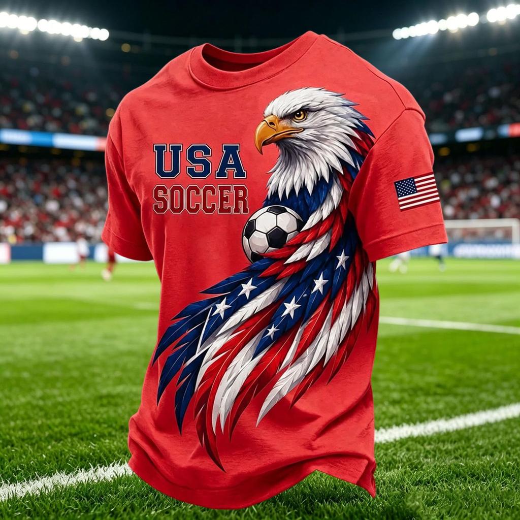 Men's Casual V Neck Breathable Short Sleeve Shirt Soccer Graphic Print Lightweight Comfortable Fit USA Theme