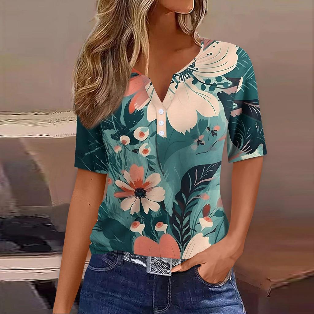 Dámské tričko s potiskem, knoflíky, krátký rukáv, denní, víkendová móda, základní V-výstřih, běžný top