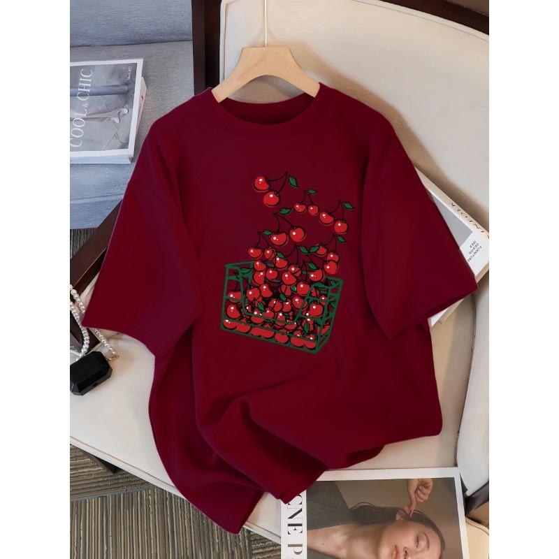 

Футболка женская с принтом «Корзина вишен», дышащая, повседневная, летняя, с коротким рукавом, мягкая, свободного кроя, уличная одежда, женская футболка 6xl