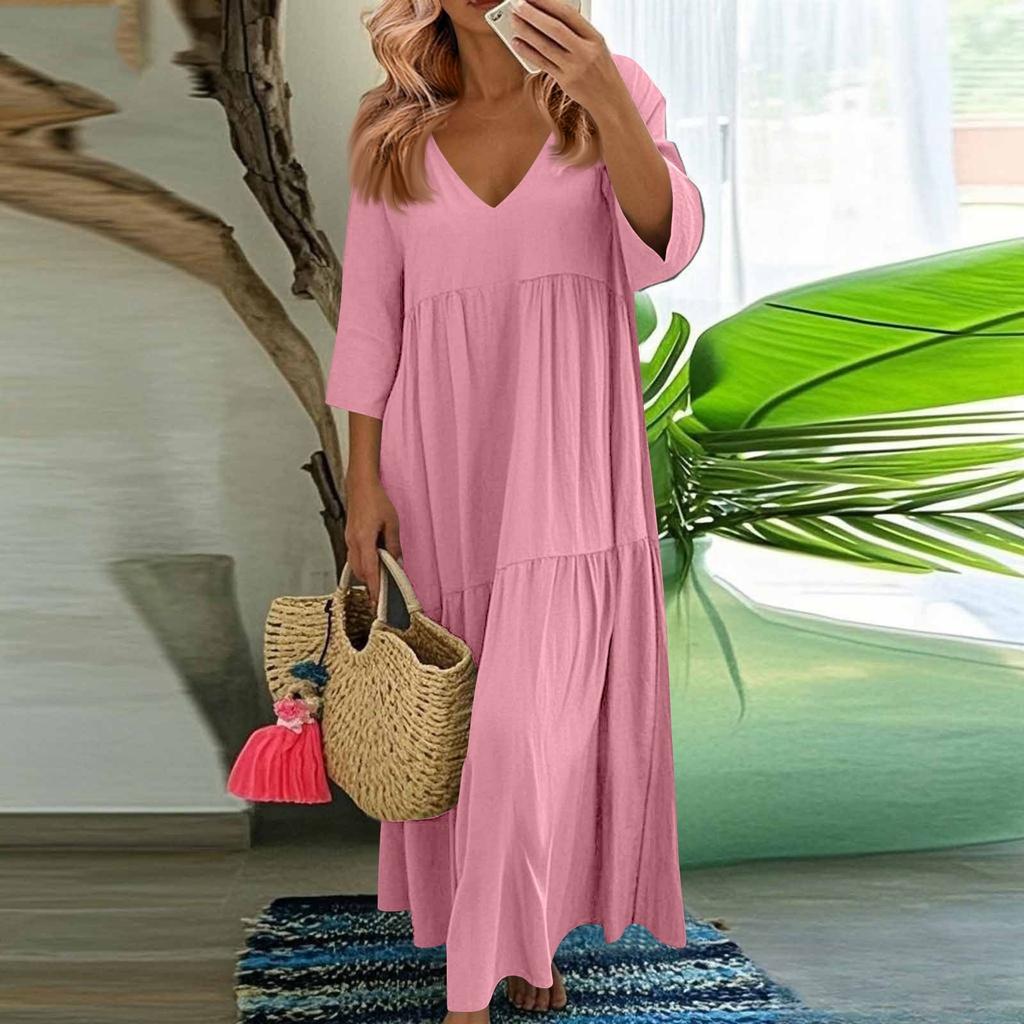 Modisches und lässiges einfarbiges Kleid aus Baumwolle und Leinen für Damen