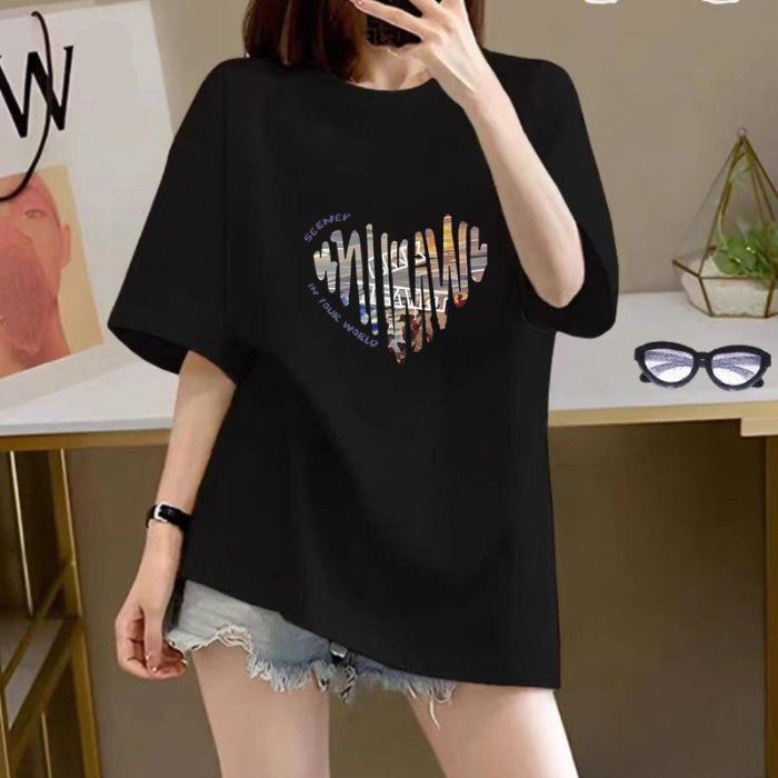 Damen Bedrucktes Baumwoll Kurzarm T-Shirt Damen Sommer 2025 Neu Locker Weißes T-Shirt Enges Oberteil Trend