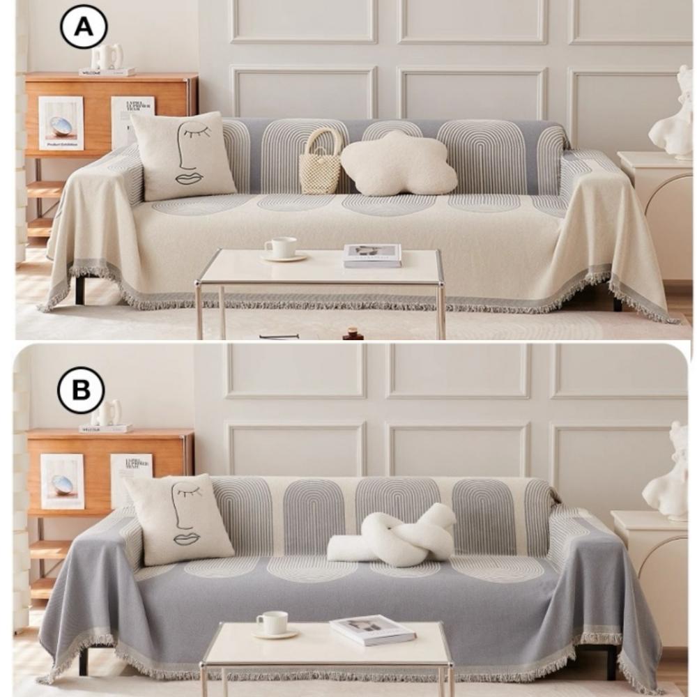 1pc Simplized Geometric Arch Lines Jacquard Sofa Towel with Tassels, Double Sided Thick Multiple Use Sofa Blanket Leisure Towel