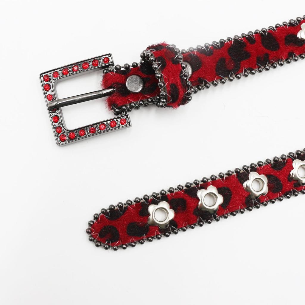 Luxury 2.3cm Leopard Print Leather Belt with Floral Eyelets & Rhinestones, No Punching Needed, Pin Buckle, Fully Diamond-Encrusted.