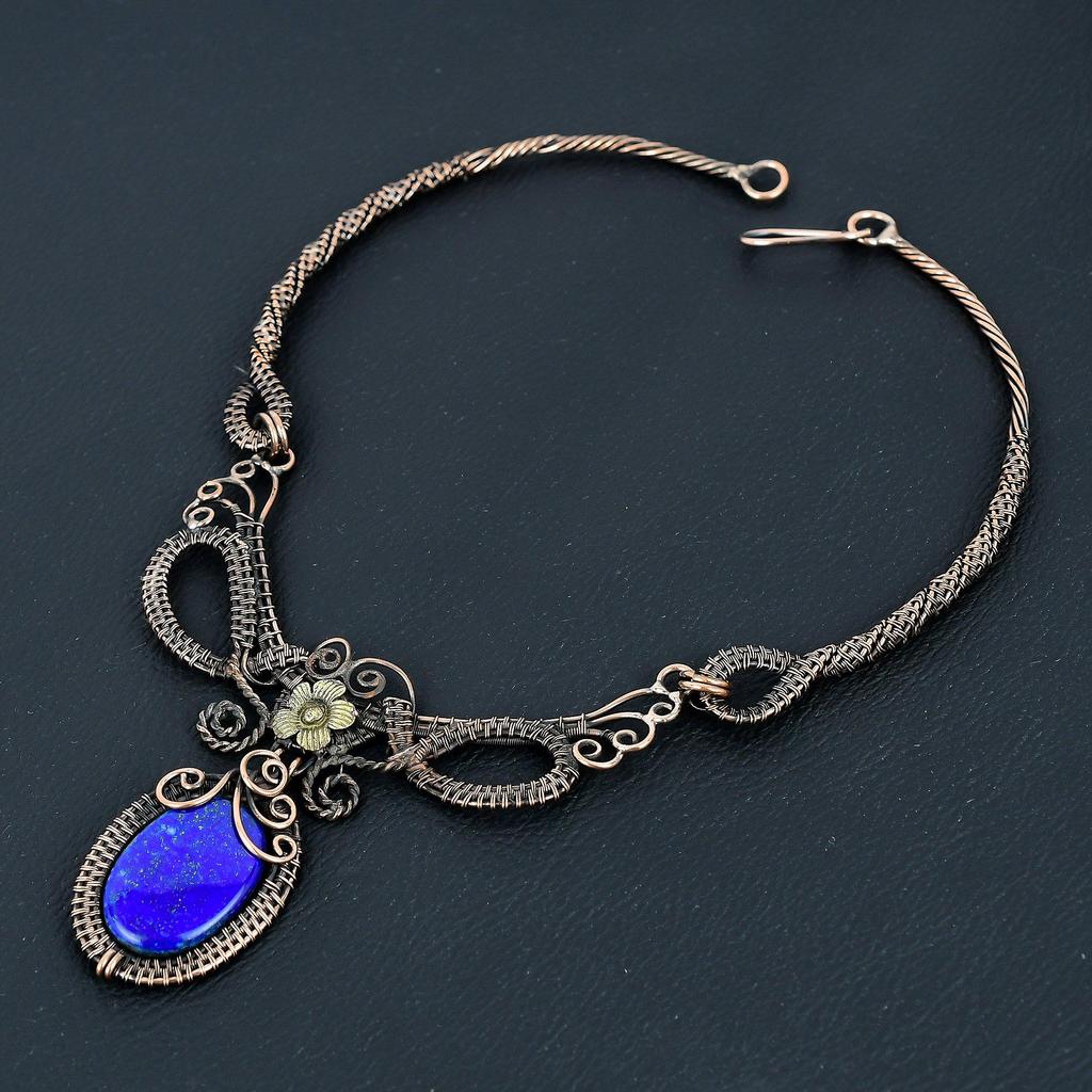 Lapis Lazuli Necklace Handmade Jewelry, 999 Copper Wire Wrapped Necklace Designer Gemstone Jewelry Adjustable Chain Necklace Gift For Mom