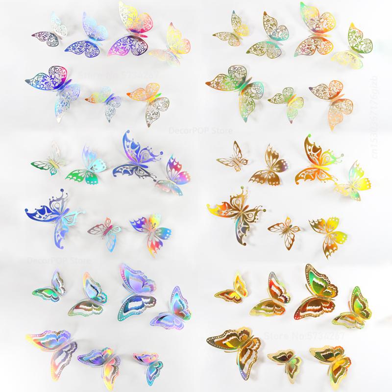 

12-72 шт. 3D полые бабочки настенные наклейки лазерные красочные золотые серебряные свадебные украшения домашний декор бабочки наклейки-наклейки