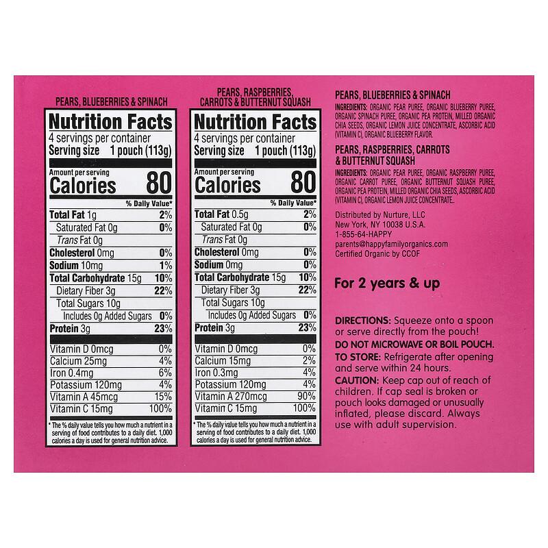 Happy Tot®, Fiber & Protein, For 2+ Years, Variety Pack, 8 Pouches, 4 Oz (113 G) Each