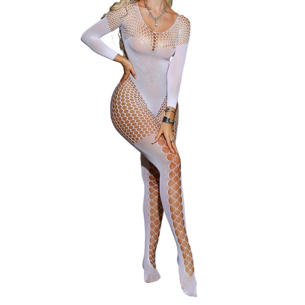 Women’s Long Sleeve Pantyhose With Backless Mesh Design Hollowed Out Lace Bodystocking For Party
