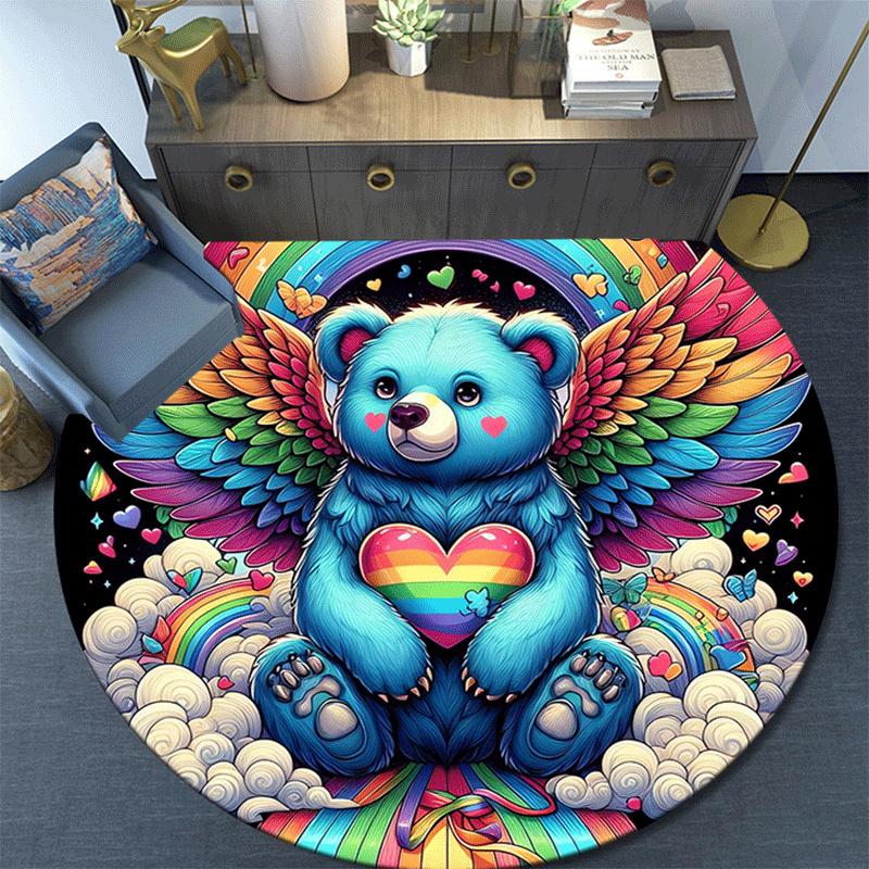 1pc Soft, Absorbent & Non Slip Cute Little Bear with Wings Round Rug Soft Circle Rug for Living Room & Bedroom Decor, Chair Mats, and Unforg