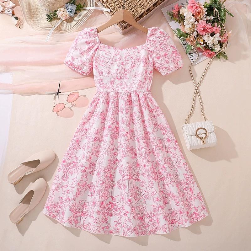 

Girl Short Sleeves Floral Printing Dress Children Kid Casual Summer Beach Sundress Princess Dresses Clothes 9Y розовый