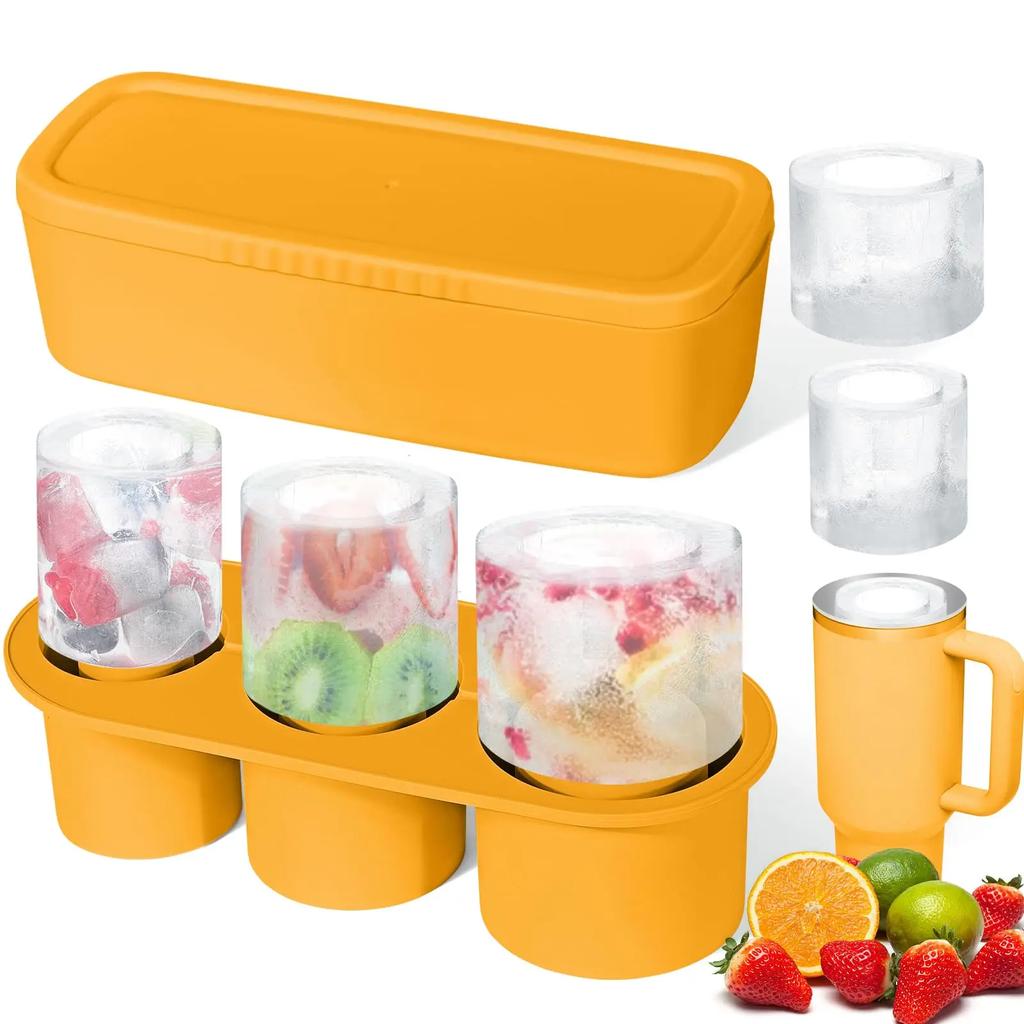 Silicone Ice Cube Maker Tray For  Cup with Lid and Bin for Freezer, 3 Hollow Large Cylinder Ice Cube Mold for Drinking Ice tray