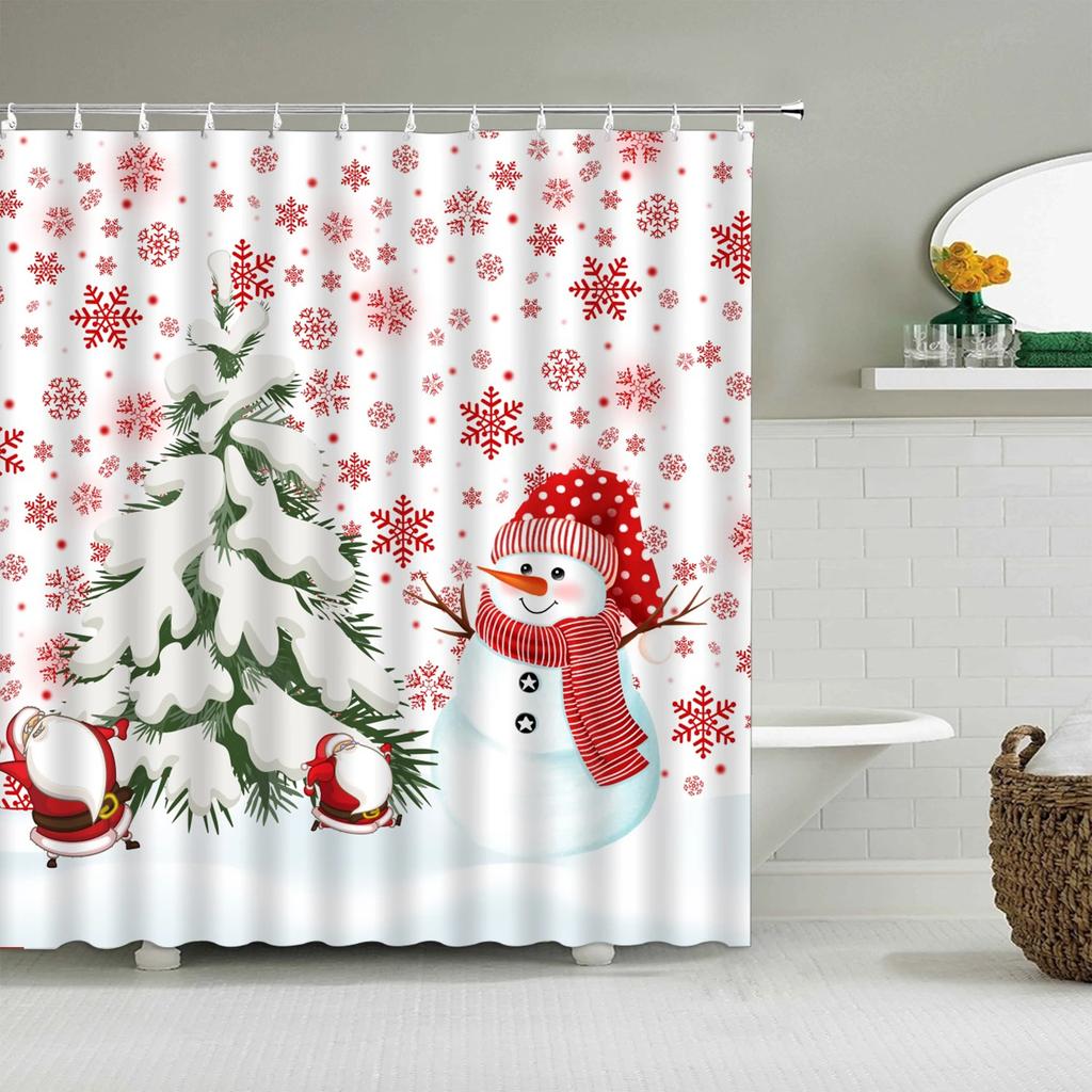 Unframed Christmas Shower Curtain Winter Snowman Snowflake Christmas Tree Red Truck Bell Red Bird Colorful Christmas Ball Bathro