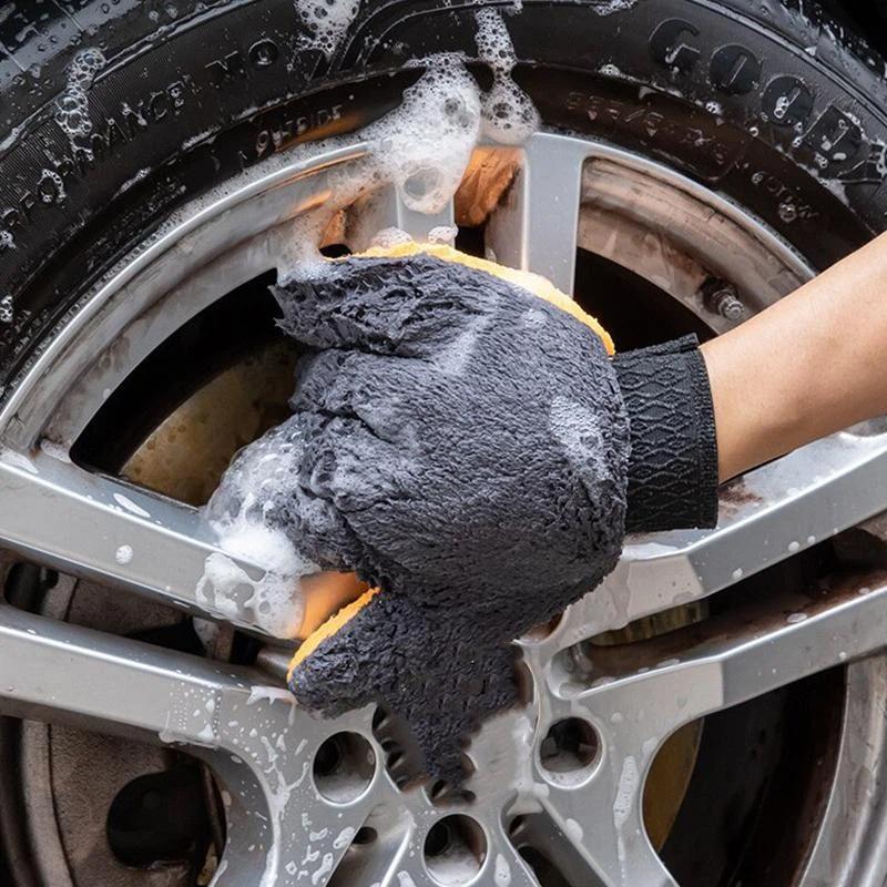 [Q]5-Finger Car Washing Glove Double-Faced Coral Velvet Auto Cleaning Mitt Ultra-Soft Car Detailing Wash Gloves