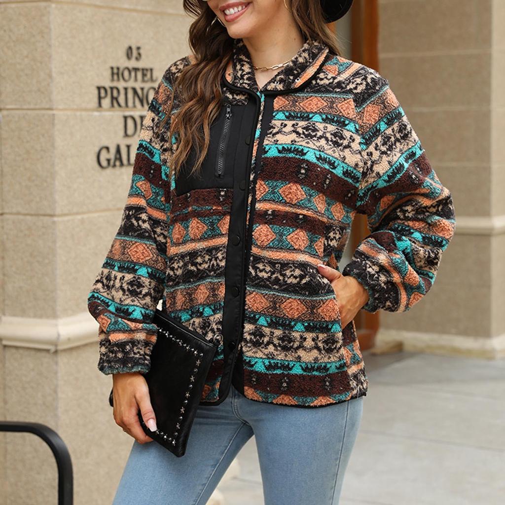 Women's Fashion Casual Temperament Bump Color Printed Plush Long Sleeve Coat