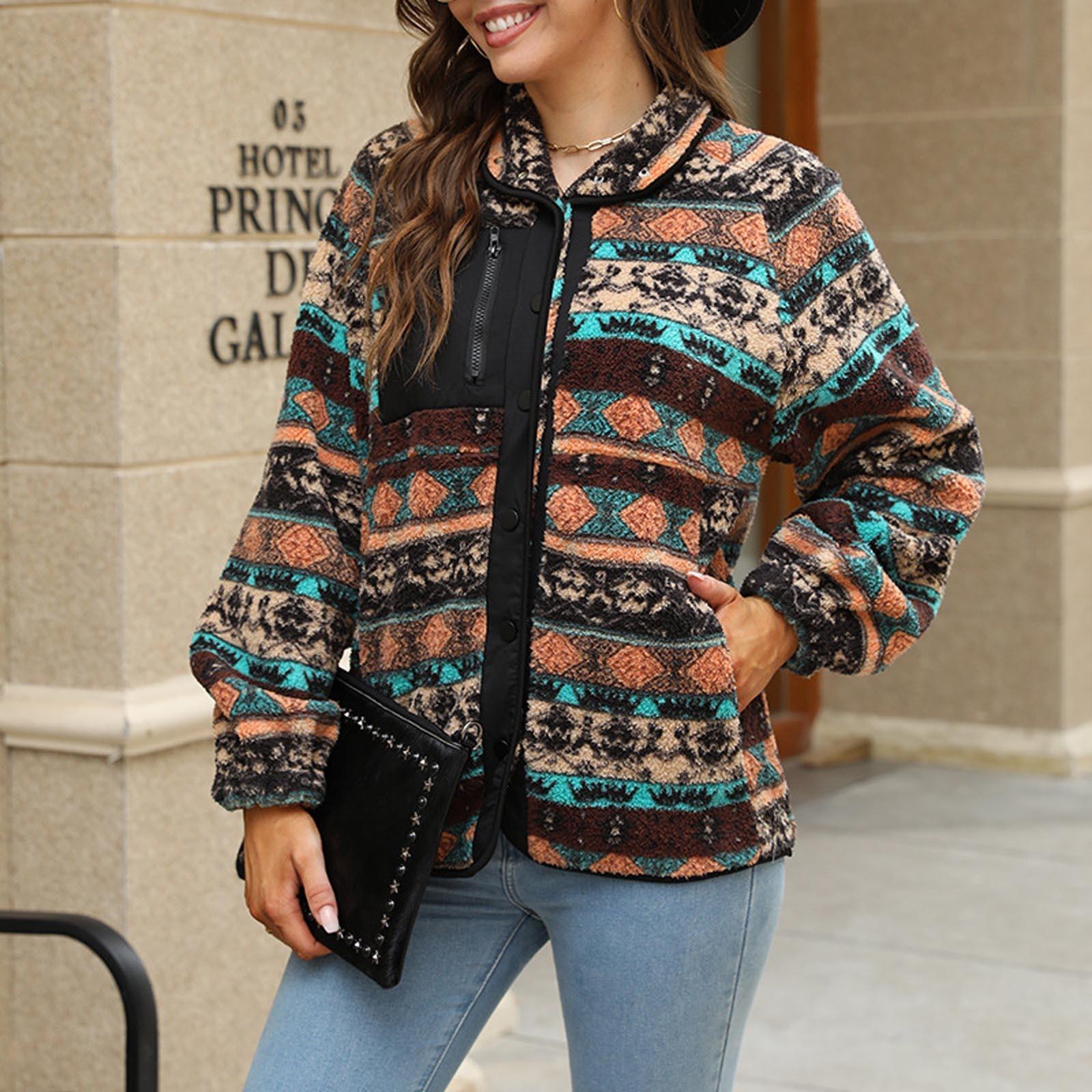

Women s Fashion Casual Temperament Bump Color Printed Plush Long Sleeve Coat L чорний
