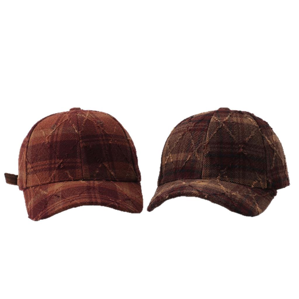 Plaid baseball cap Plaid woolen warm ripped cap European and American literary and retro sun hat