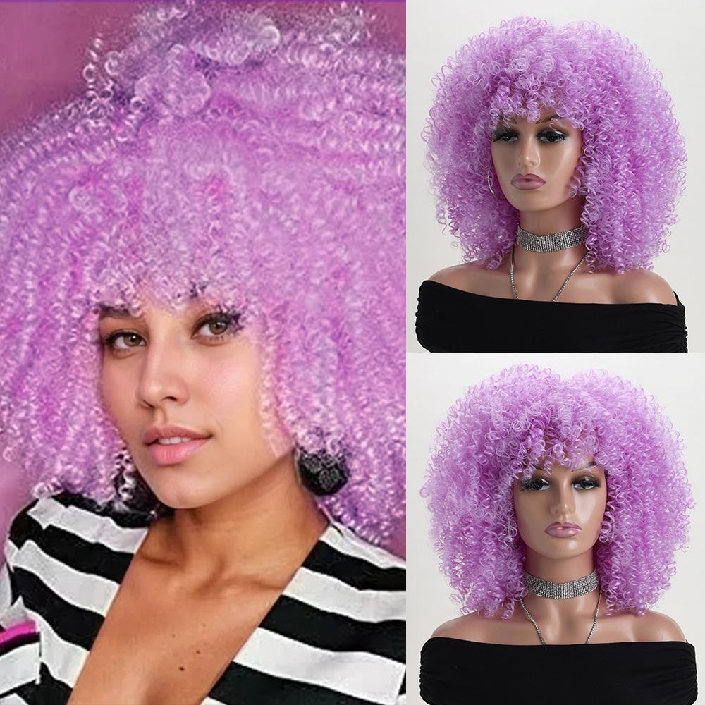 16 Zoll Afro Kinky Curly Synthetikhaar Gradient Lila Perücken mit Pony Weiche Flauschige Faser Perücken für Party Cosplay Tägliche Nutzung