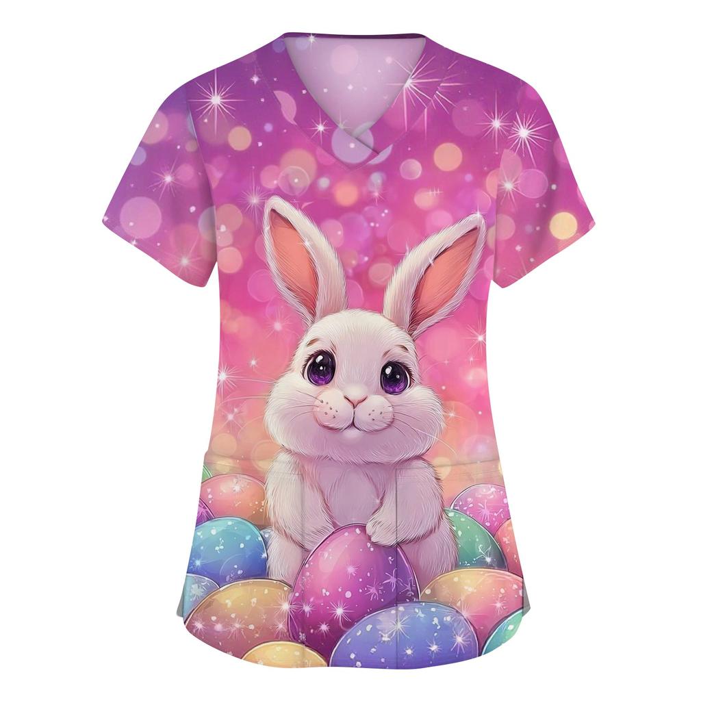 Moda damska Odzież robocza z dekoltem w serek i krótkimi rękawami z kieszeniami Topy z nadrukiem