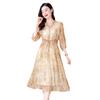 Summer silk dress V-neck temperament elegant intellectual mulberry silk dress printed lace-up skirt