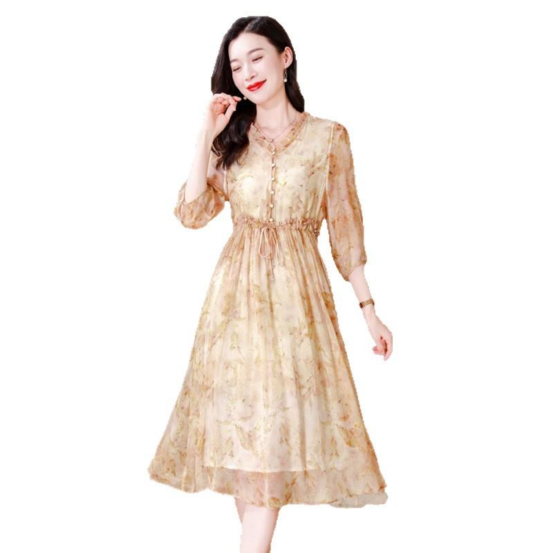 Summer silk dress V-neck temperament elegant intellectual mulberry silk dress printed lace-up skirt