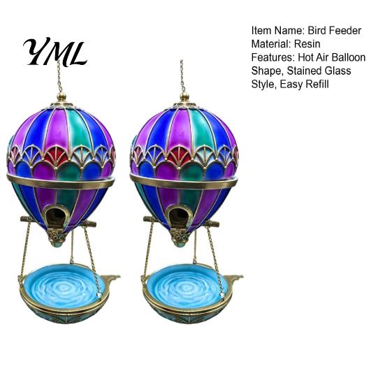 Patio Porch Bird Decor Stained Glass Hot Air Balloon Feeder Fountain, Hanging with Water Fountain Easy Fill Tray, Vintage Bronze Outdoor Garden