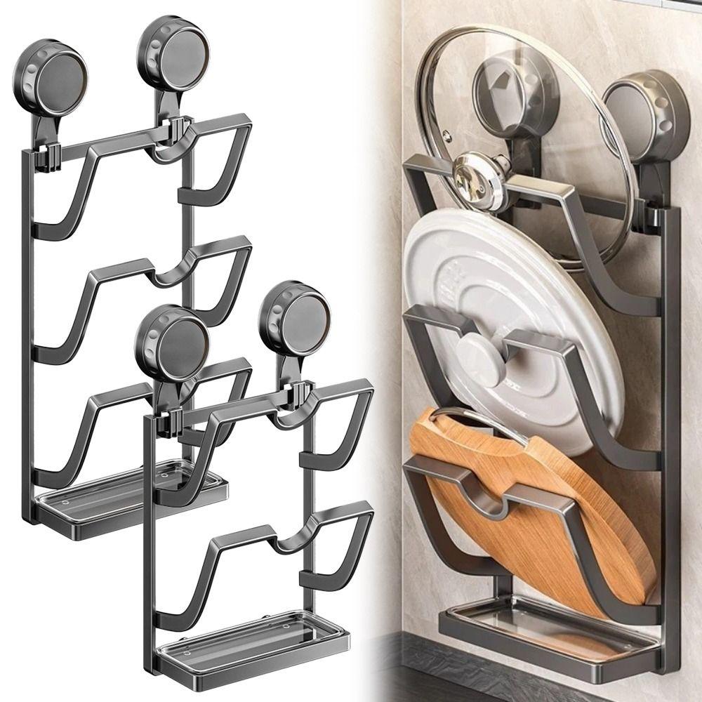 New Suction Cup Pot Lid Holder Metal Wall Mounted Pot Cover Rack Multi-Layer Design Space Saving Cutting Board Shelf Home Use