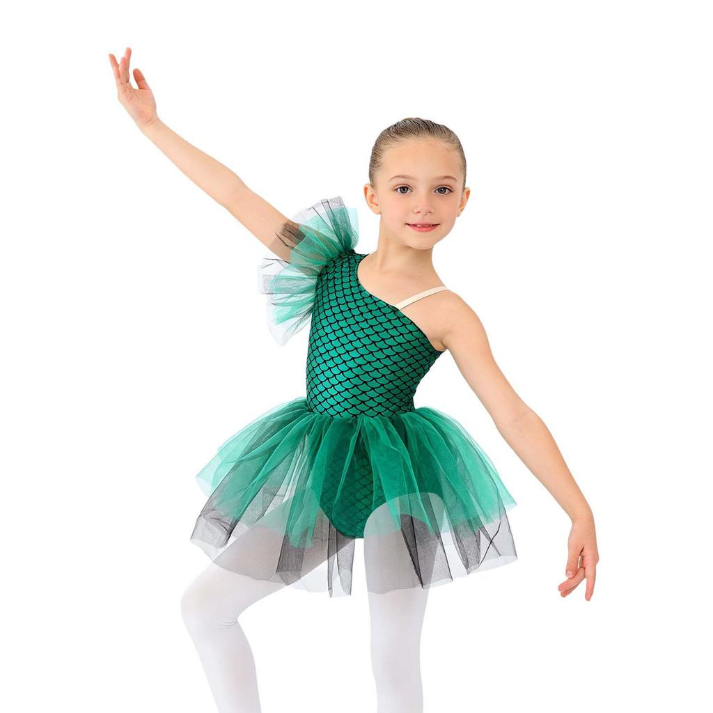 Girls Ballerina Tutu Dress One Shoulder Sleeveless Mermaid Fish Scales Print Camisole Leotard Halloween Dance Costume