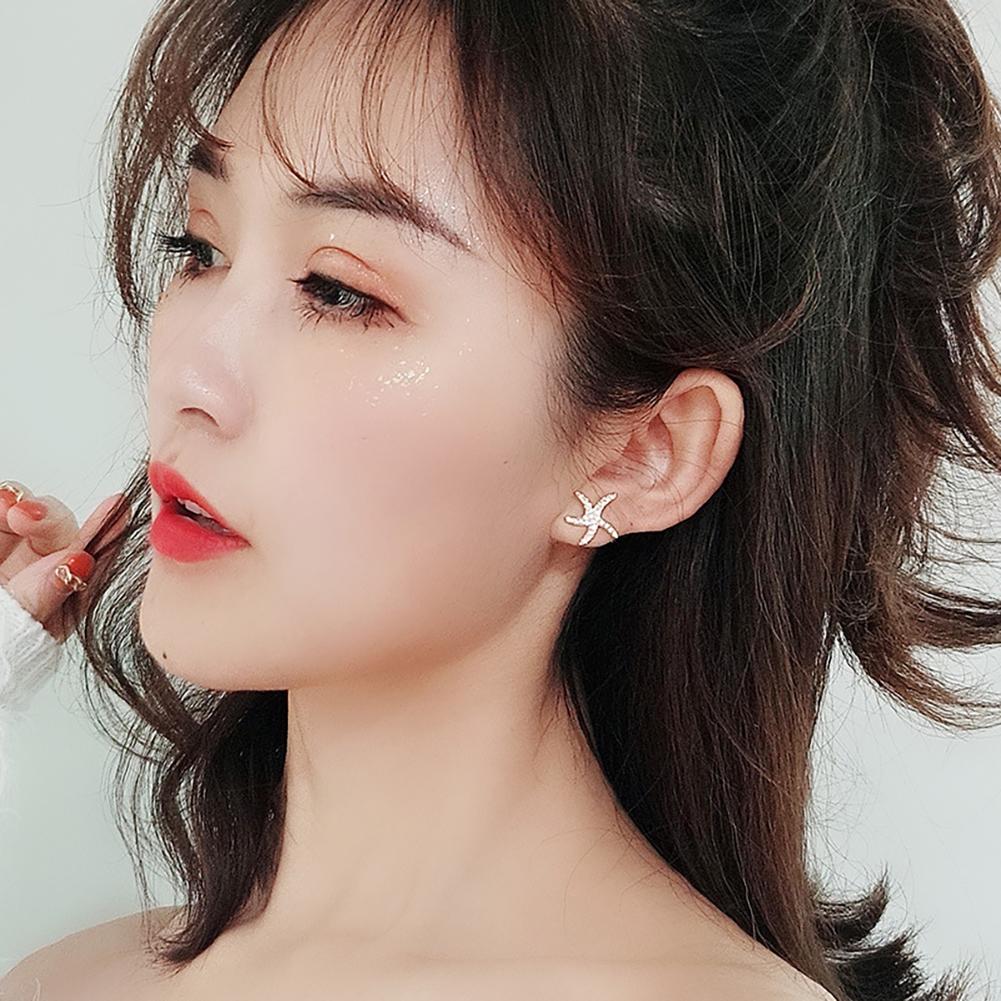 Women Starfish Shape Diamante S925 Silver Needle Zircon Earrings